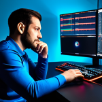 A focused male professional strategist, mid-30s, wearing modest, modern athletic wear. He is sitting comfortably at a sleek, minimalist desk, illuminated by the glow of multiple monitors displaying complex game market graphs and a virtual auction house interface. One hand rests on a high-tech gaming mouse, the other thoughtfully on his chin. The background is a clean, organized gaming room with subtle ambient lighting, showcasing a high-performance PC setup. Professional photography, high detail, realistic, perfect anatomy, correct proportions, well-formed hands, natural body proportions, natural pose. Fully clothed, modest clothing, appropriate attire, professional dress, safe for work, appropriate content, family-friendly.