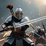 아키에이지 상위 직업 세팅 - **A Powerful Melee Marauder in the Heat of Battle:**
    "A formidable male warrior, mid-swing with ...