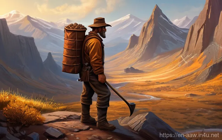 아키에이지 광산 채굴 루트 - **A Lone Prospector in Karkasse Ridgelands:** A highly detailed digital painting depicting a seasone...