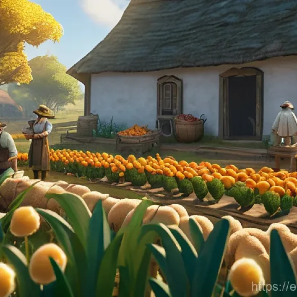 아키에이지 생활 콘텐츠 경제 밸런스 - **Prompt:** A vibrant and thriving ArcheAge homestead bathed in golden hour sunlight. In the foregro...