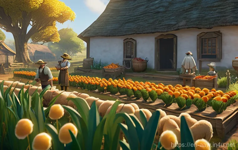 아키에이지 생활 콘텐츠 경제 밸런스 - **Prompt:** A vibrant and thriving ArcheAge homestead bathed in golden hour sunlight. In the foregro...
