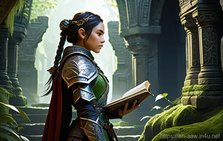 아키에이지 특수 퀘스트 클리어법 - **Prompt:** "A determined female Nuian adventurer, clad in practical leather armor with intricate el...