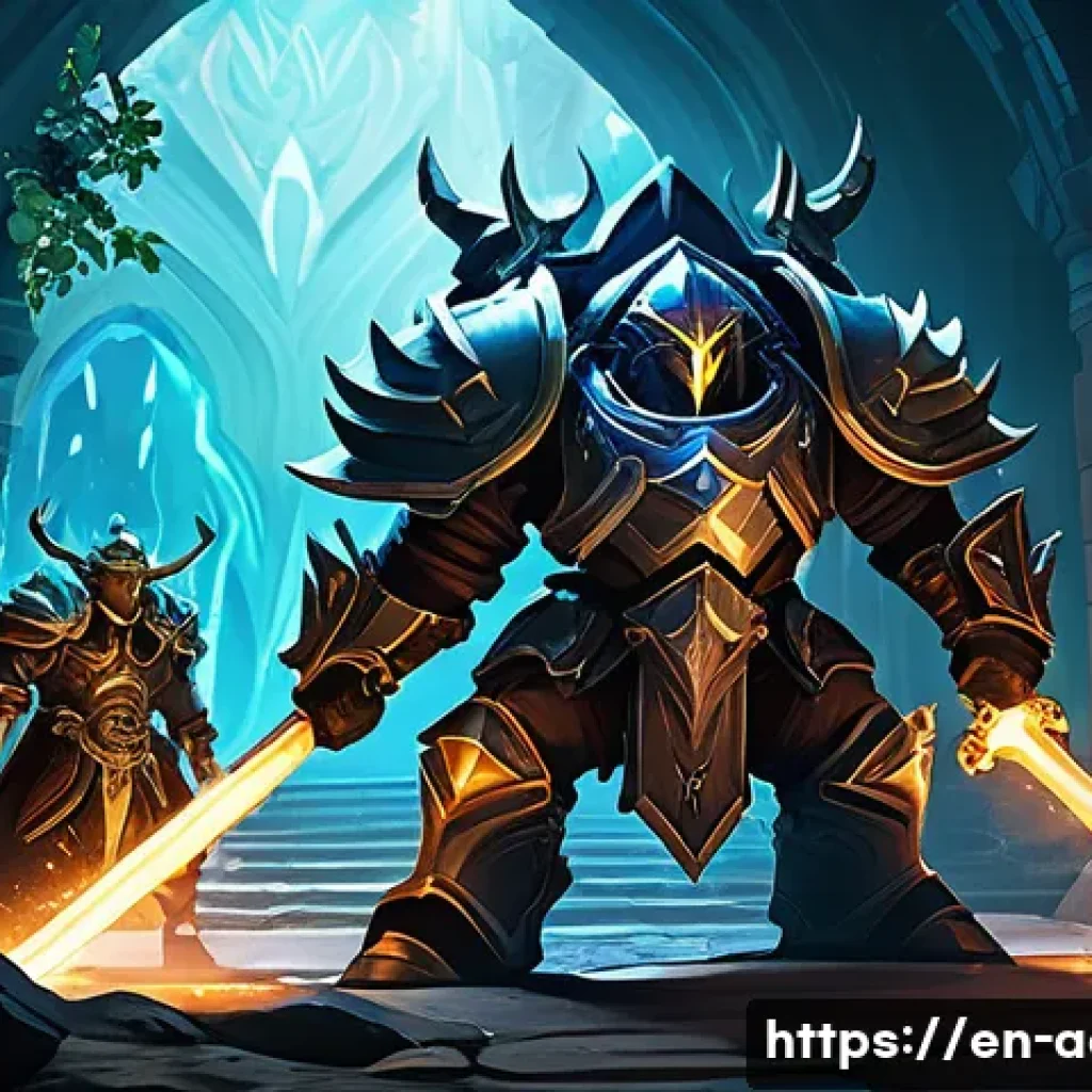 아키에이지 PvE 보상 아이템 - A high-fantasy MMORPG dungeon scene showcasing a diverse group of four adventurers— a heavily armore...