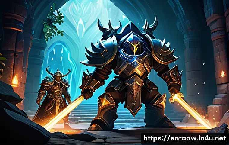 아키에이지 PvE 보상 아이템 - A high-fantasy MMORPG dungeon scene showcasing a diverse group of four adventurers— a heavily armore...