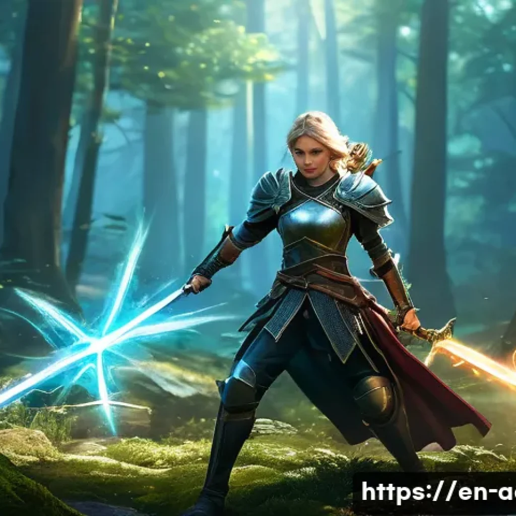 아키에이지 인기 클래스 순위 - A dynamic fantasy battle scene featuring a versatile hybrid warrior clad in light armor and practica...