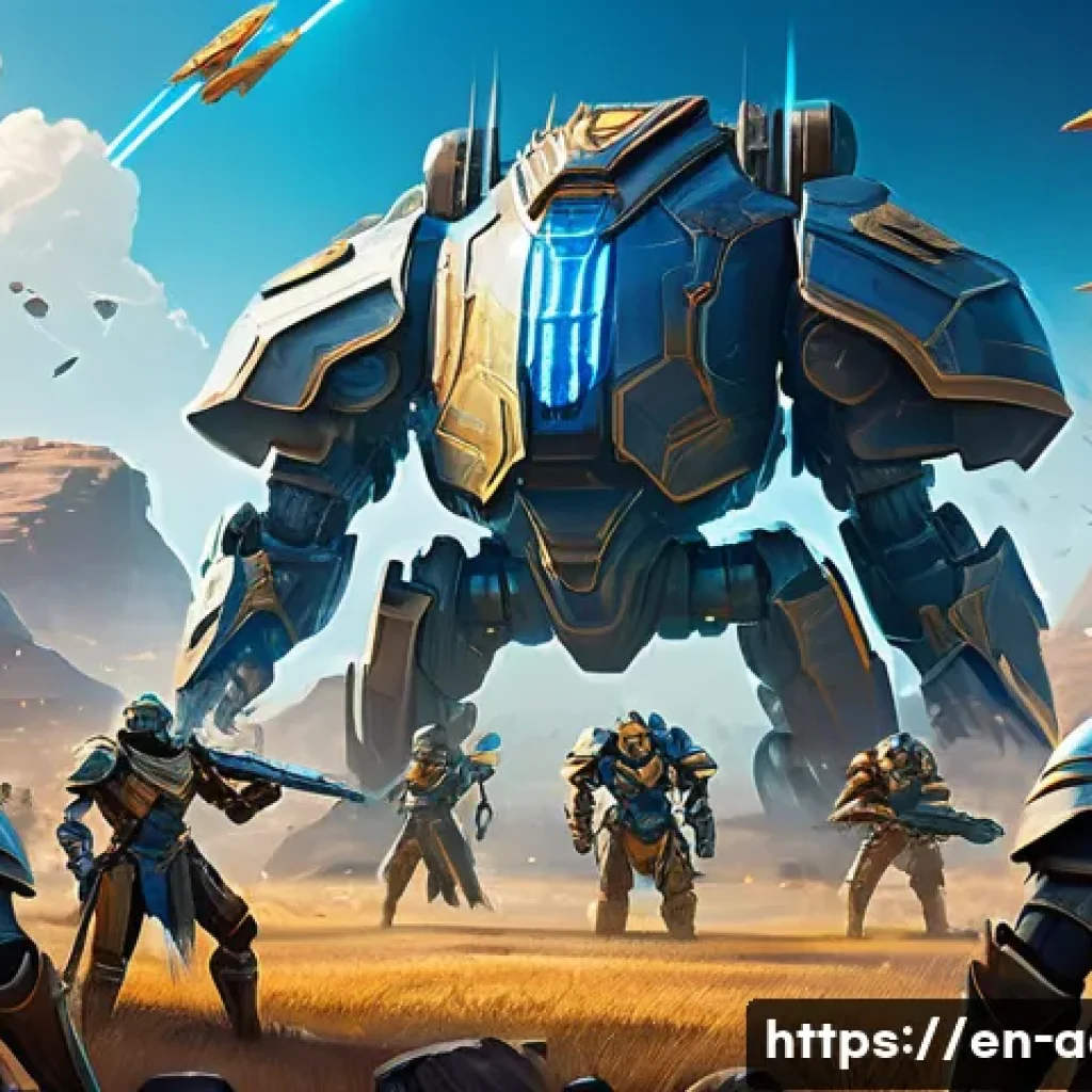 아키에이지 진영 전쟁 포인트 - A dynamic battle scene in a futuristic fantasy world showing a diverse group of faction members&mdash;armo...