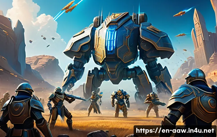 아키에이지 진영 전쟁 포인트 - A dynamic battle scene in a futuristic fantasy world showing a diverse group of faction members—armo...