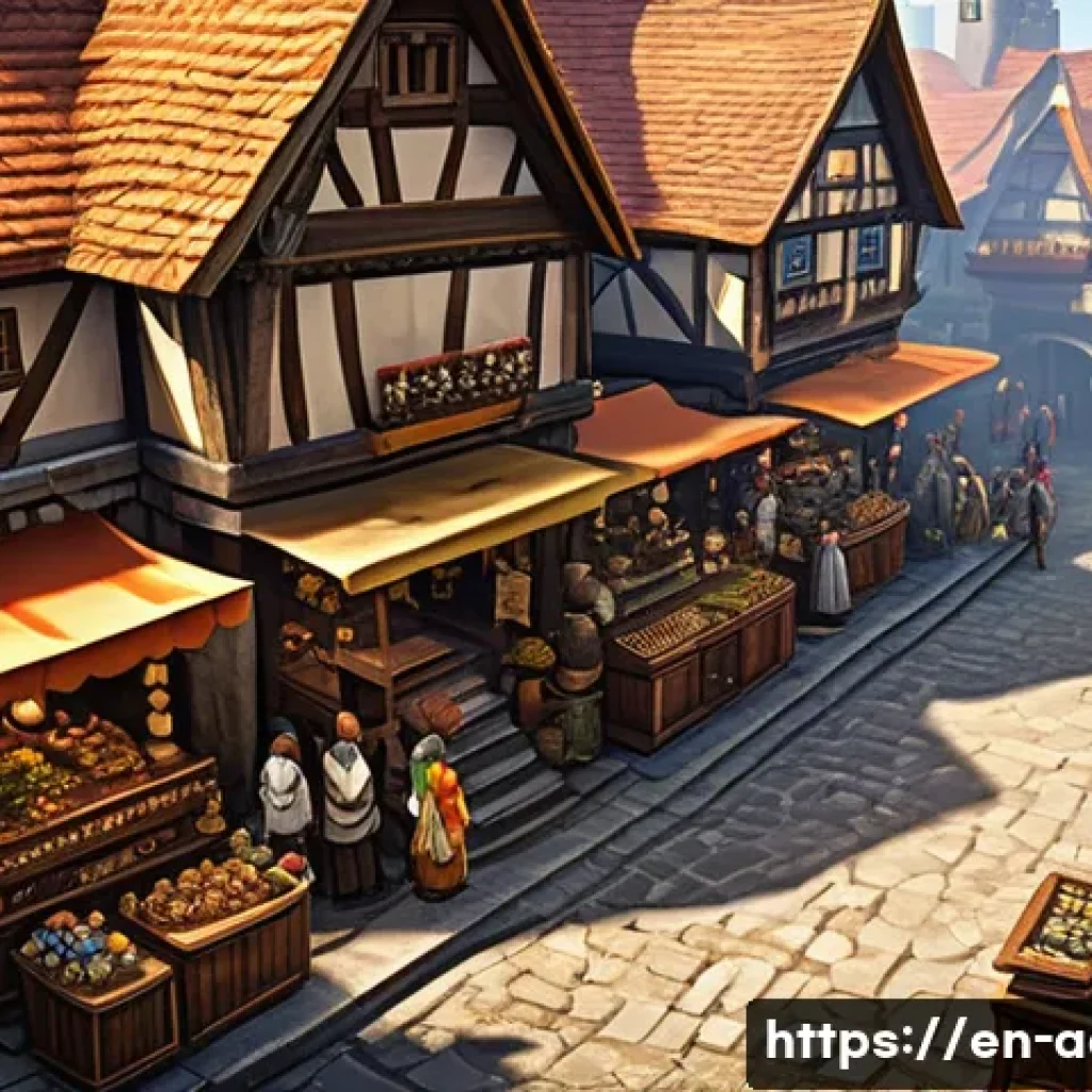 아키에이지 경제 시스템 이해 - A detailed fantasy market scene from an MMORPG game, showcasing diverse players trading crafted good...