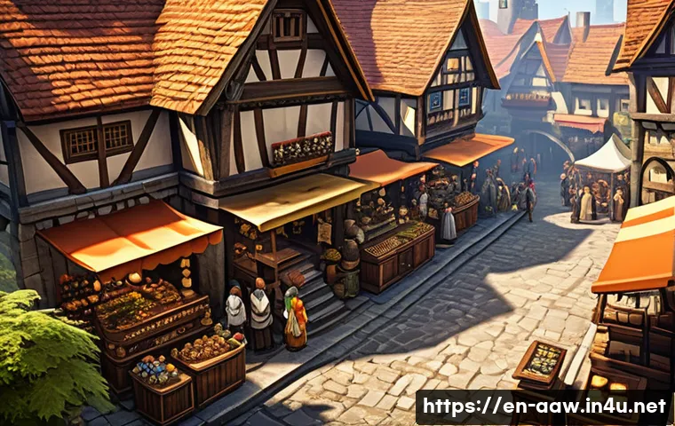 아키에이지 경제 시스템 이해 - A detailed fantasy market scene from an MMORPG game, showcasing diverse players trading crafted good...