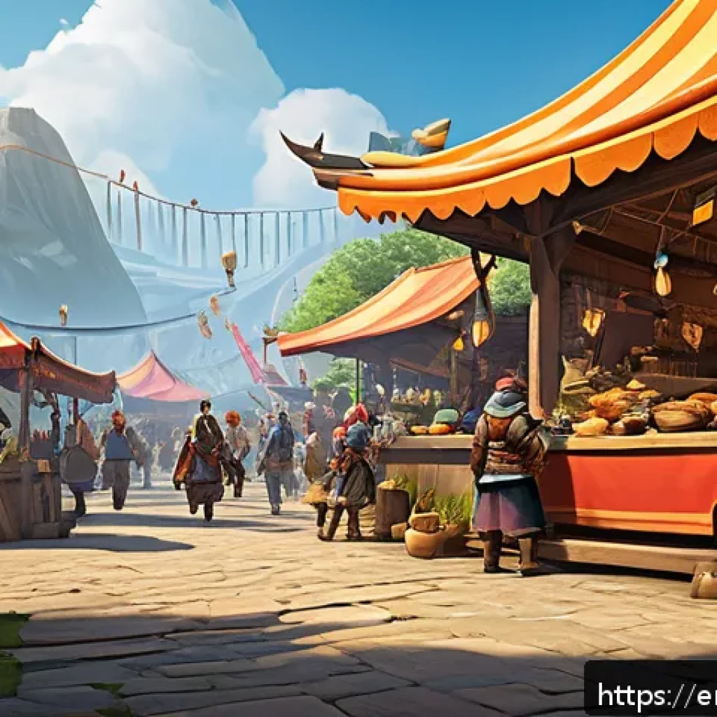 아키에이지 시즌 서버 장점 - A vibrant MMO game scene showcasing a bustling seasonal server marketplace at peak activity, with di...