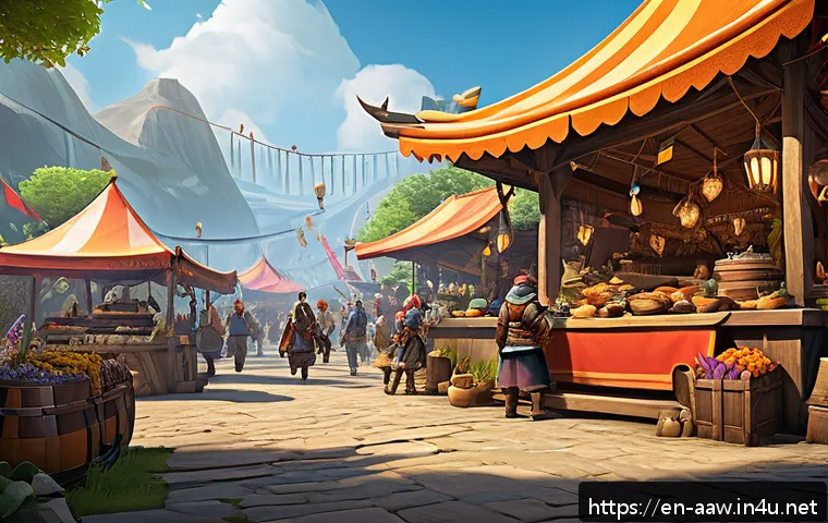 아키에이지 시즌 서버 장점 - A vibrant MMO game scene showcasing a bustling seasonal server marketplace at peak activity, with di...