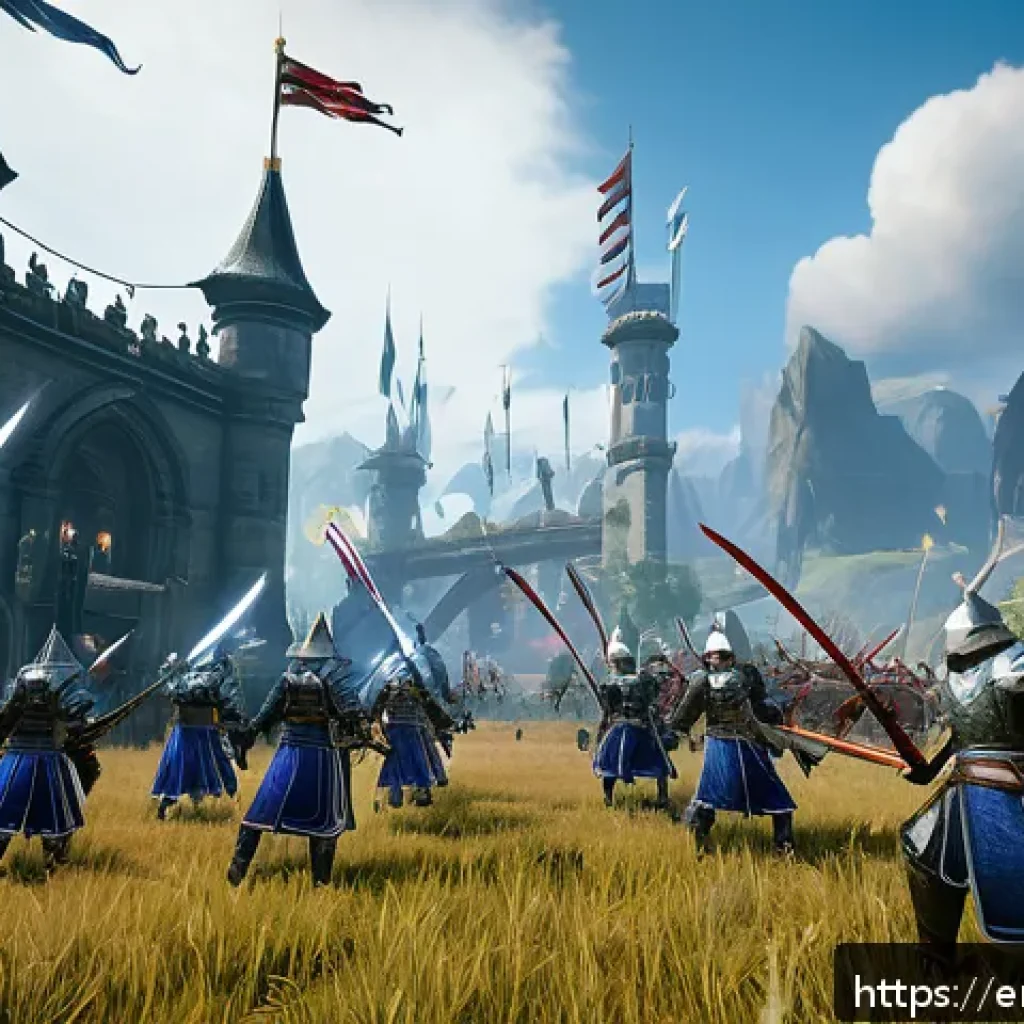 아키에이지 서버 선택 가이드 - A vibrant PvP battle scene on the Northwind server in ArcheAge, featuring multiple armored warriors ...