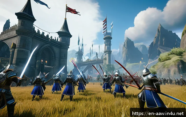 아키에이지 서버 선택 가이드 - A vibrant PvP battle scene on the Northwind server in ArcheAge, featuring multiple armored warriors ...