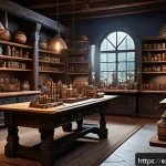 아키에이지 상위 장비 제작 공략 - A highly detailed fantasy crafting workshop interior in a bustling trade city, featuring advanced cr...