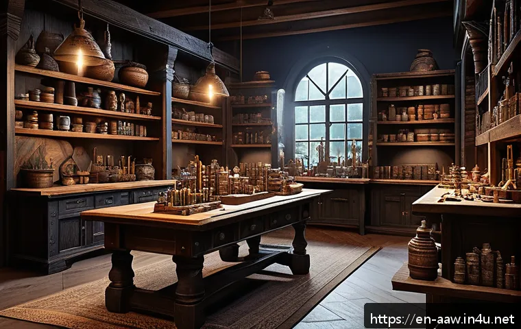 아키에이지 상위 장비 제작 공략 - A highly detailed fantasy crafting workshop interior in a bustling trade city, featuring advanced cr...