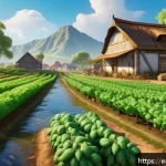 아키에이지 생활 콘텐츠 소개 - A vibrant fantasy farming scene in ArcheAge style, featuring a well-organized farm with rows of cott...