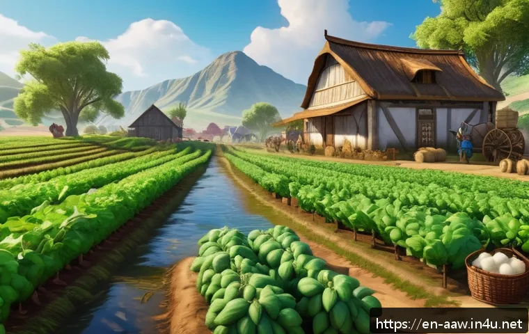 아키에이지 생활 콘텐츠 소개 - A vibrant fantasy farming scene in ArcheAge style, featuring a well-organized farm with rows of cott...