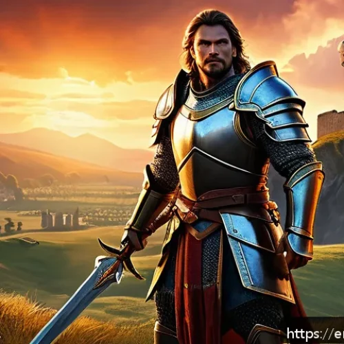 아키에이지 영웅 시스템 설명 - A dynamic fantasy warrior character in detailed armor wielding a glowing sword and shield, standing ...