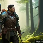 아키에이지 생활 스킬 레벨업 - A detailed fantasy-themed gathering scene set in a lush forest at dawn, featuring a skilled adventur...