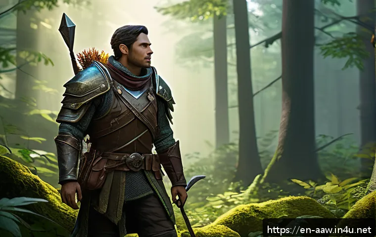 아키에이지 생활 스킬 레벨업 - A detailed fantasy-themed gathering scene set in a lush forest at dawn, featuring a skilled adventur...