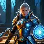 아키에이지 시즌별 전략적 준비 - A detailed fantasy-themed armory scene showcasing a player character examining newly upgraded gear w...