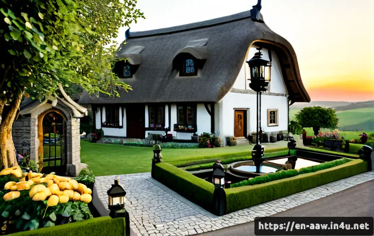 아키에이지 하우징 특별 아이템 - Photorealistic high-fantasy cottage housing showcase, a cozy stone-and-timber home beside a peaceful...