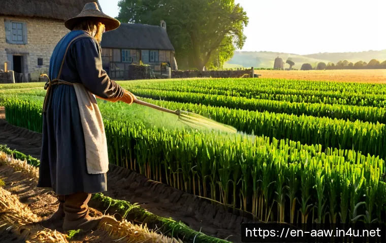 Home 17 아키에이지 고급 농작물 재배법 - Photorealistic high-fantasy farming scene, skilled medieval homesteader tending neat rows of rare gl...